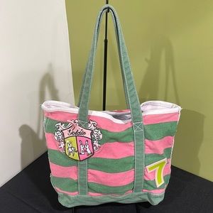 NWOT Jeanne and Dineh Goldie 7 pink/green striped tote
